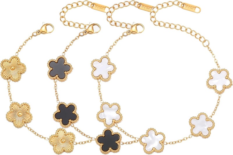 Funio Four Leaf Clover Bracelet Set for Women - 3Pcs 18K Gold Plated Flower Lucky 4 Leaf Link Bracelet Jewelry Gift for Women Van Cleef - Image 1